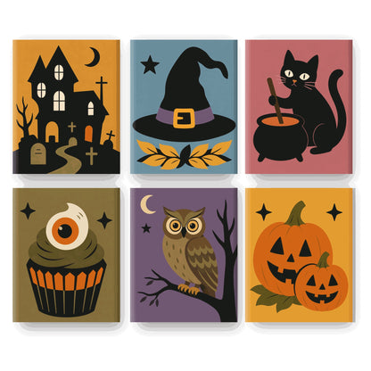 Coffret 6 peintures par numéro Affichettes d'Octobre – manoir, chapeau, chat au chaudron, chouette et citrouilles – Maison Artsen