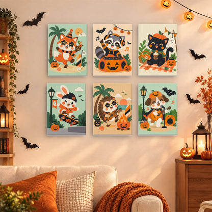 Coffret 6 mini-toiles Animaux en Fête accrochées dans un salon décoré pour Halloween, Maison Artsen