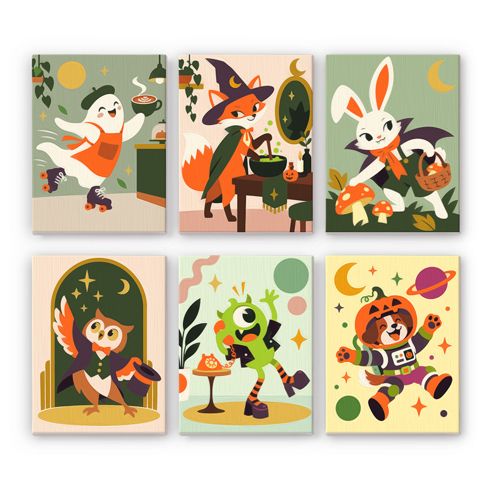 Coffret 6 peintures par numéro Animaux Patineurs, fantôme barista, renard sorcier, lapin vampire et chien astronaute, Maison Artsen