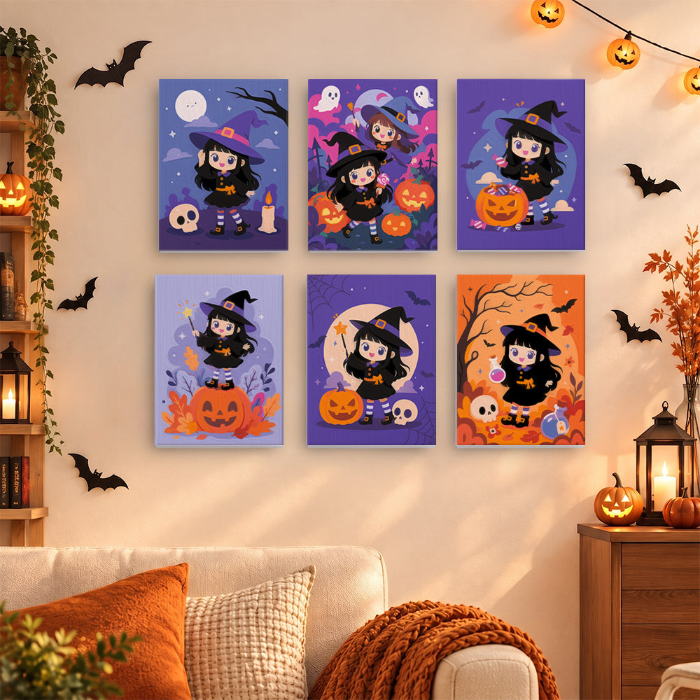 Coffret 6 mini-toiles Apprenties Sorcières accrochées dans un salon décoré pour Halloween, Maison Artsen