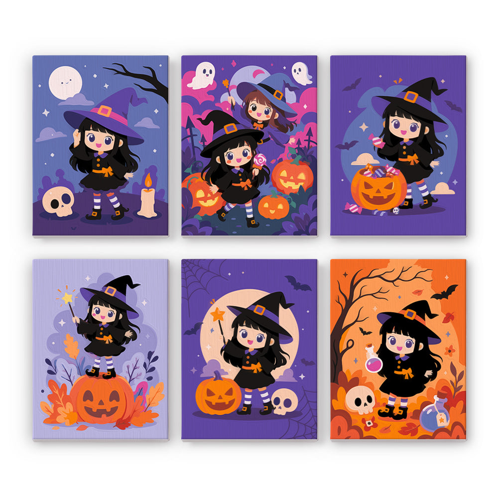 Coffret 6 peintures par numéro Apprenties Sorcières, apprentie sorcière aux cheveux noirs, citrouilles, potion et baguette, Maison Artsen