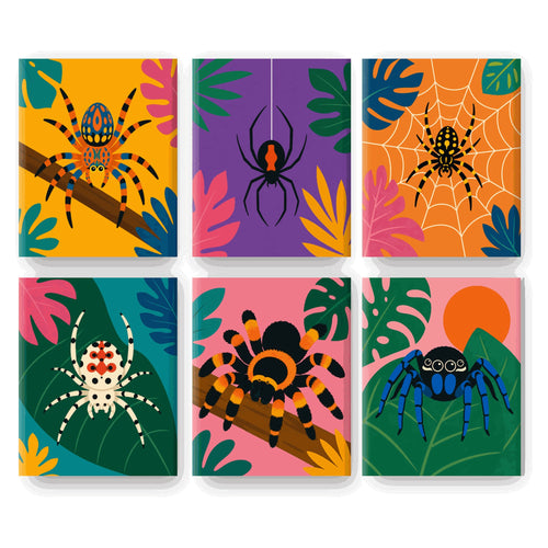 Coffret 6 peintures par numéro Araignées Tropicales – six araignées colorées sur feuillage tropical – Maison Artsen
