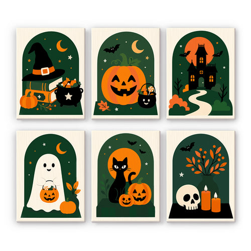 Coffret 6 peintures par numéro Arches Vert Sapin, arches vert sapin citrouille rieuse manoir fantôme et chat noir, Maison Artsen