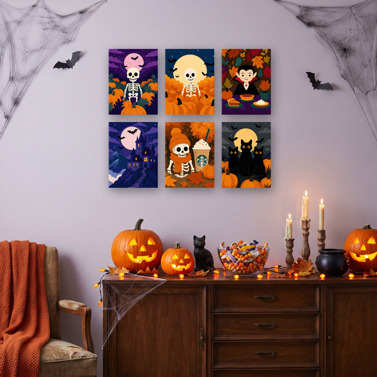 Coffret 6 mini-toiles Automne des Squelettes accrochées dans un salon décoré pour Halloween — Maison Artsen