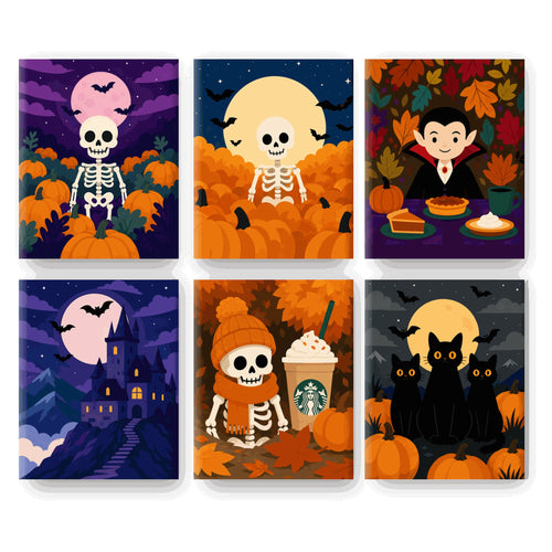 Coffret 6 peintures par numéro Automne des Squelettes – squelettes dans les citrouilles, vampire et chats noirs – Maison Artsen