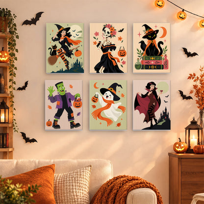 Coffret 6 mini-toiles Bal d'Halloween accrochées dans un salon décoré pour Halloween, Maison Artsen