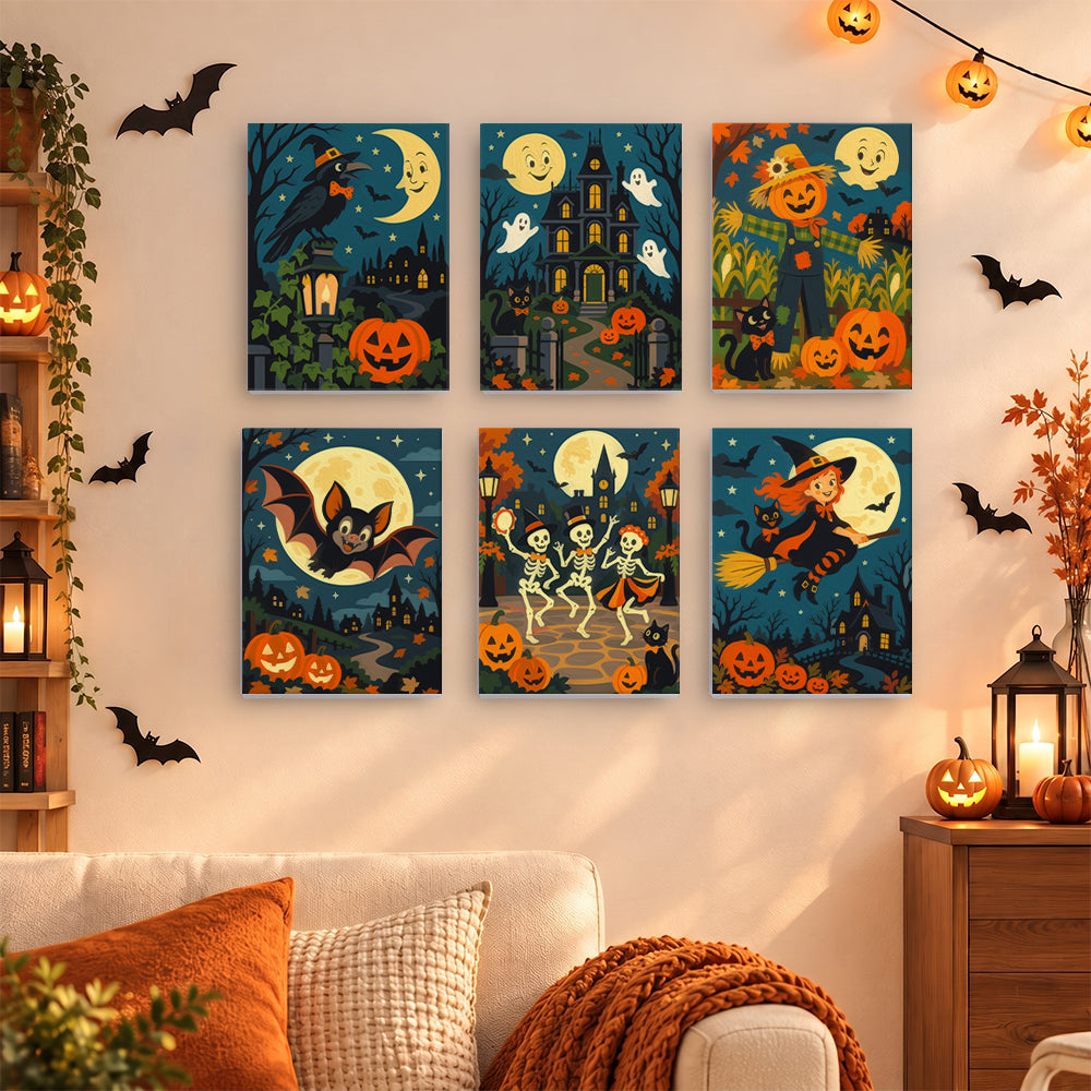 Coffret 6 mini-toiles Bal de la Lune Souriante accrochées dans un salon décoré pour Halloween, Maison Artsen