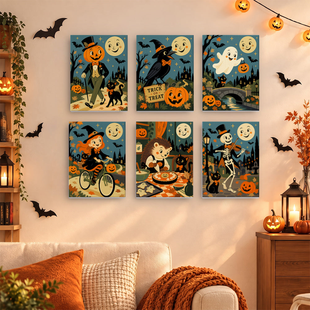 Coffret 6 mini-toiles Balade de la Lune Souriante accrochées dans un salon décoré pour Halloween, Maison Artsen