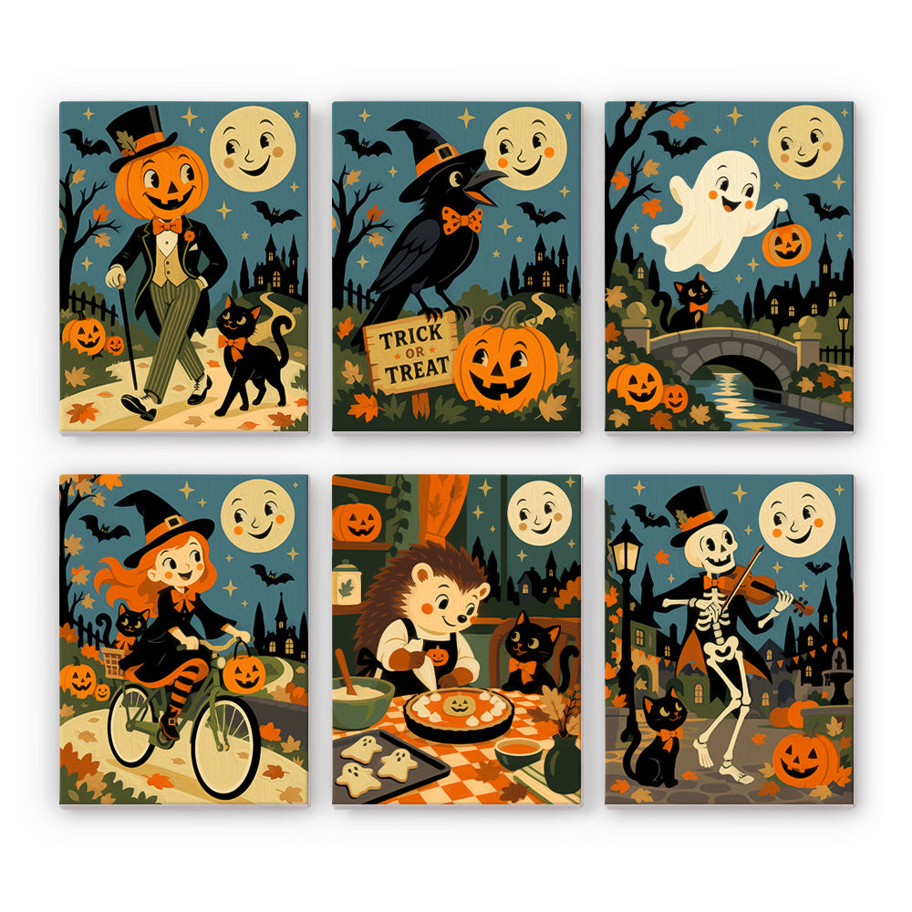 Coffret 6 peintures par numéro Balade de la Lune Souriante, citrouille, corbeau, sorcière à vélo et squelette violoniste, Maison Artsen