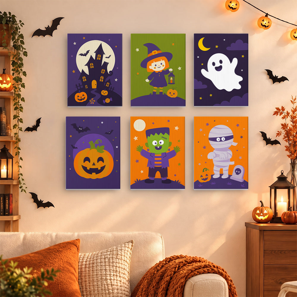 Coffret 6 mini-toiles Bande de Minuit accrochées dans un salon décoré pour Halloween, Maison Artsen