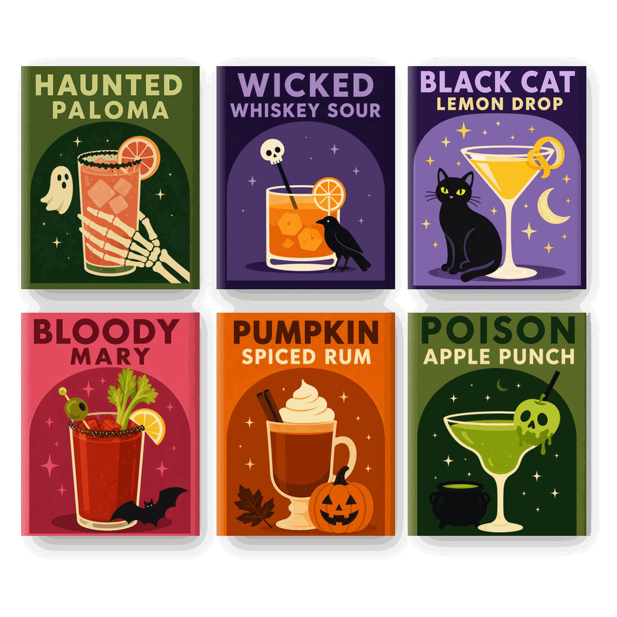 Coffret 6 peintures par numéro Bar des Sorcières – six affiches de cocktails aux couleurs profondes – Maison Artsen