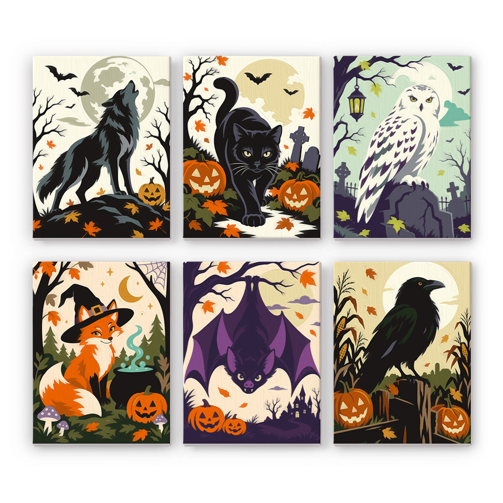 Coffret 6 peintures par numéro Bêtes de la Nuit, loup, chat noir, chouette, renard sorcier et corbeau, Maison Artsen