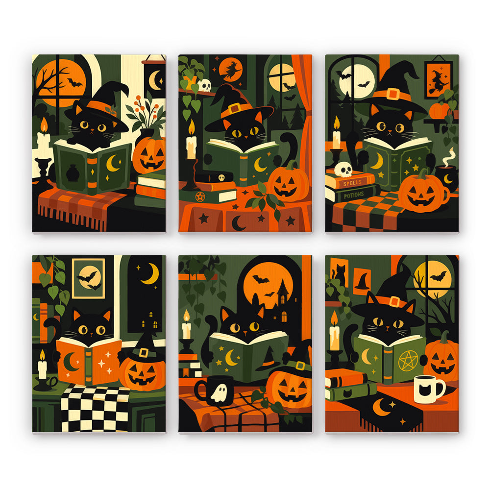 Coffret 6 peintures par numéro Bibliothèque des Chats Noirs, chats noirs lecteurs, livres de sorts, bougies et citrouilles, Maison Artsen