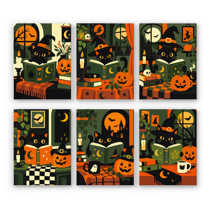 Coffret 6 peintures par numéro Bibliothèque des Chats Noirs, chats noirs lecteurs, livres de sorts, bougies et citrouilles, Maison Artsen