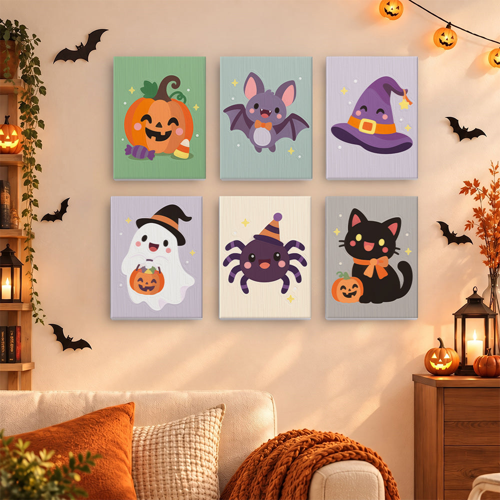 Coffret 6 mini-toiles Bouilles d'Halloween accrochées dans un salon décoré pour Halloween, Maison Artsen