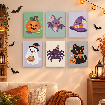 Coffret 6 mini-toiles Bouilles d'Halloween accrochées dans un salon décoré pour Halloween, Maison Artsen
