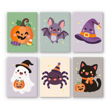 Coffret 6 peintures par numéro Bouilles d'Halloween, citrouille, chauve-souris, fantôme, araignée et chat noir, Maison Artsen
