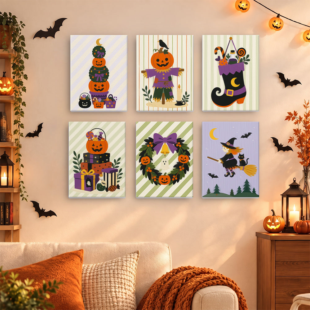 Coffret 6 mini-toiles Cadeaux de Sorcière accrochées dans un salon décoré pour Halloween, Maison Artsen