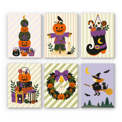 Coffret 6 peintures par numéro Cadeaux de Sorcière, cadeaux, botte de sorcière, épouvantail et sorcière sur balai, Maison Artsen