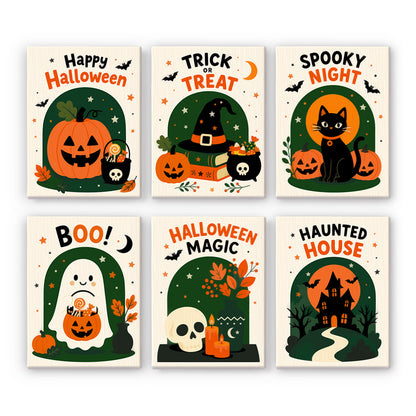 Coffret 6 peintures par numéro Cartes Postales d'Halloween, messages festifs, citrouille, chat noir, fantôme et manoir hanté, Maison Artsen