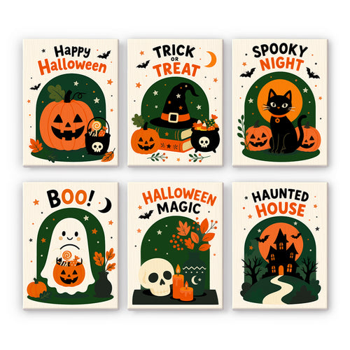 Coffret 6 peintures par numéro Cartes Postales d'Halloween, messages festifs, citrouille, chat noir, fantôme et manoir hanté, Maison Artsen