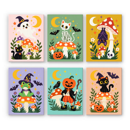 Coffret 6 peintures par numéro Champignons Ensorcelés, fantôme, chat squelette, grenouille et chat noir sur des champignons, Maison Artsen