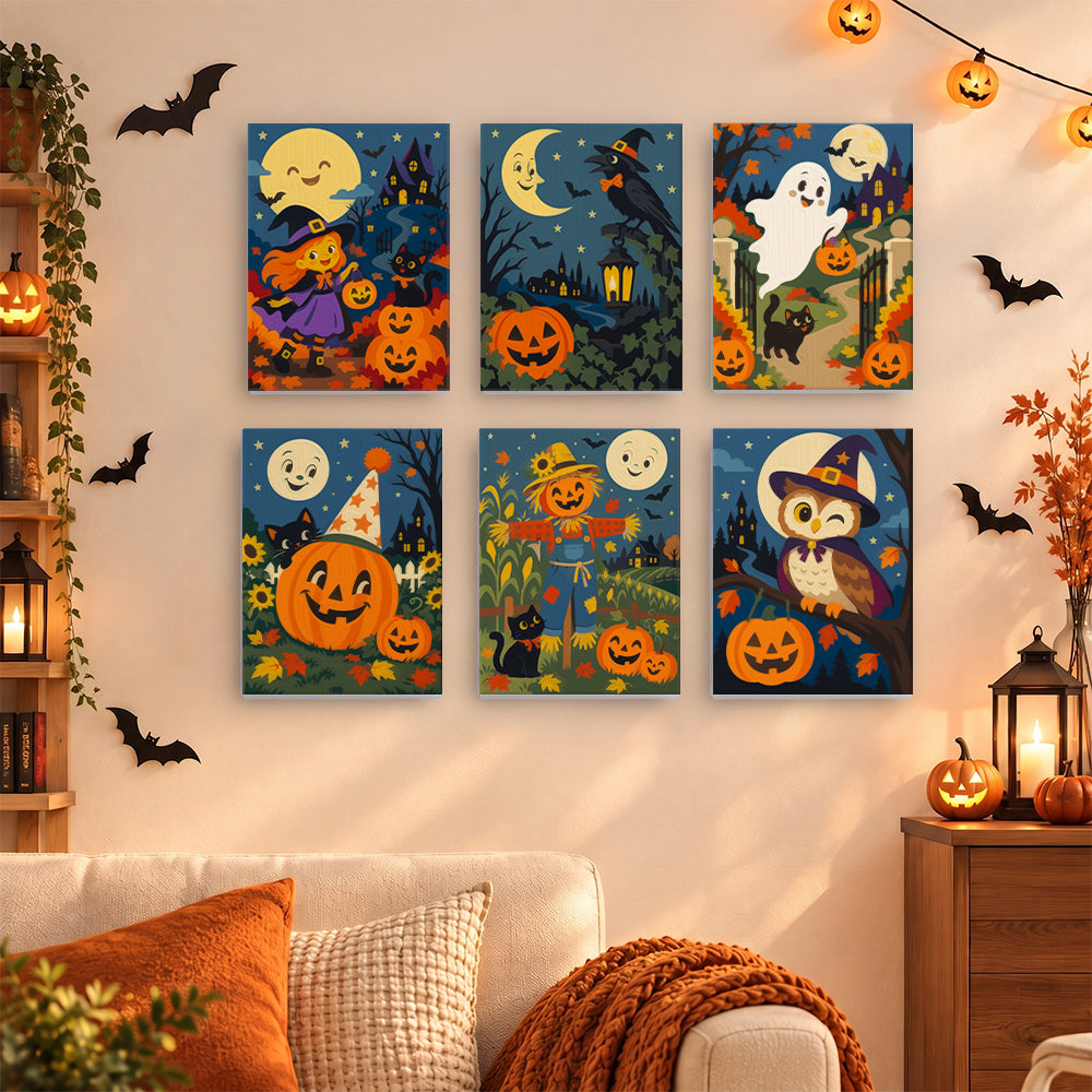 Coffret 6 mini-toiles Champs de la Lune Rieuse accrochées dans un salon décoré pour Halloween, Maison Artsen