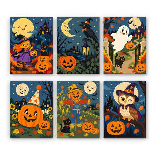 Coffret 6 peintures par numéro Champs de la Lune Rieuse, épouvantail, hibou sorcier, fantôme et citrouilles de champ, Maison Artsen