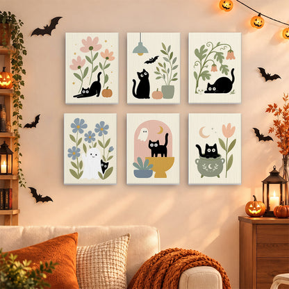 Coffret 6 mini-toiles Chats Botaniques accrochées dans un salon décoré pour Halloween, Maison Artsen