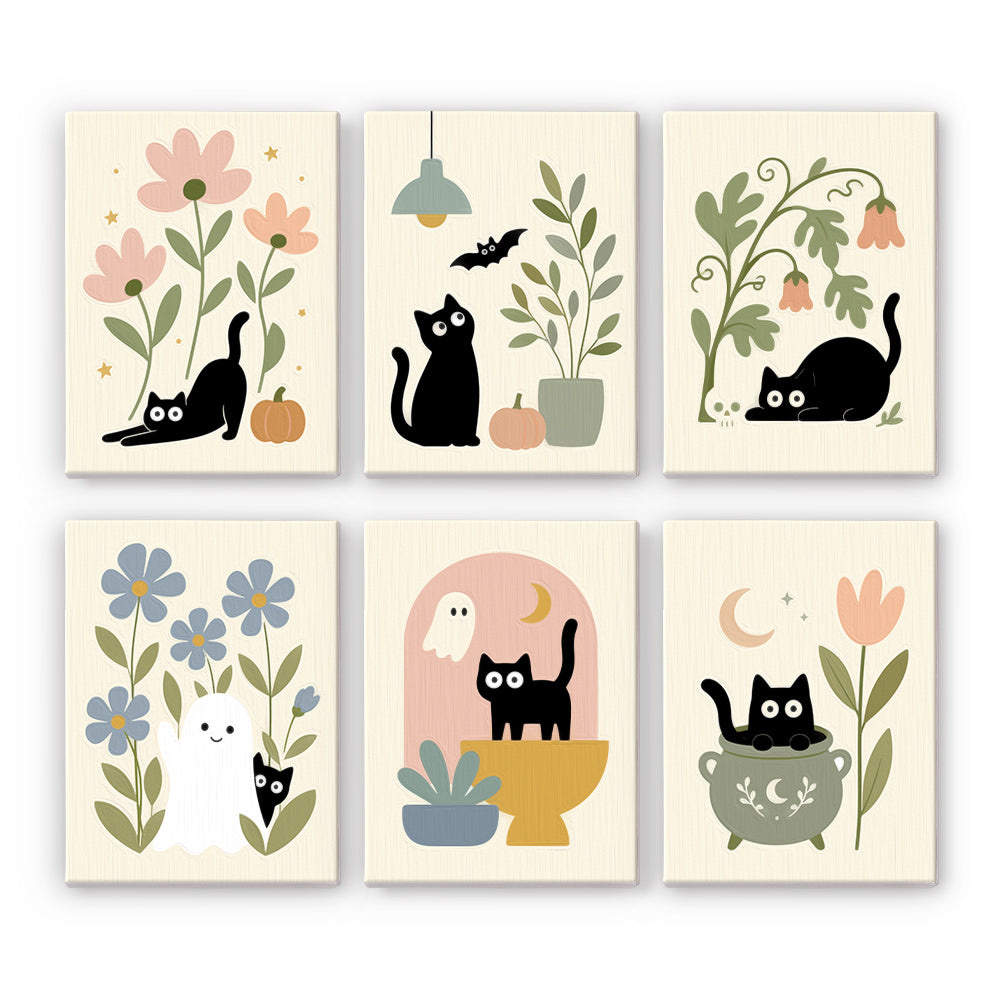 Coffret 6 peintures par numéro Chats Botaniques, chats noirs, fleurs, fantôme et chaudron en tons doux, Maison Artsen