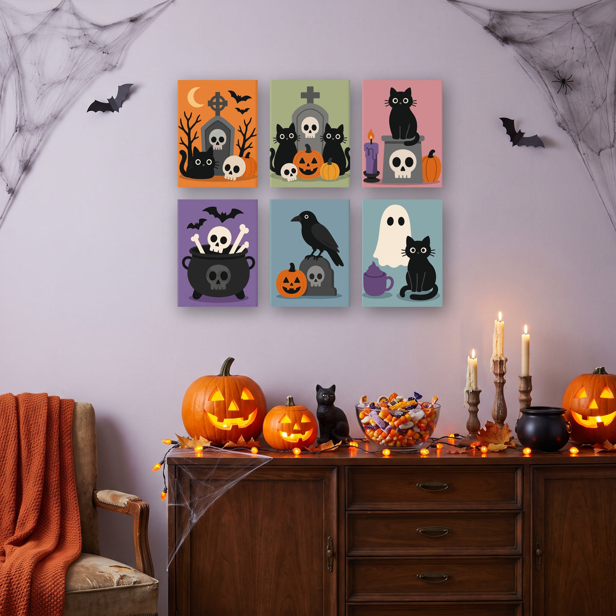 Coffret 6 mini-toiles Chats Noirs du Cimetière accrochées dans un salon décoré pour Halloween — Maison Artsen