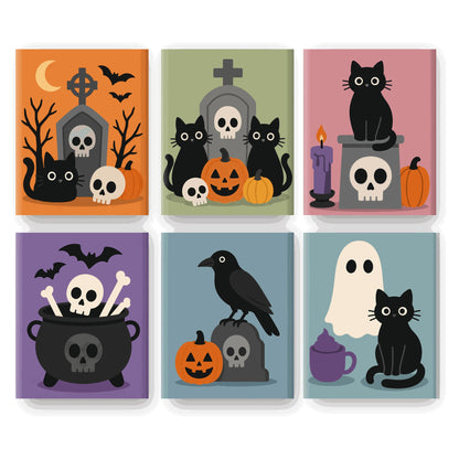 Coffret 6 peintures par numéro Chats Noirs du Cimetière – chats noirs, petits crânes, corbeau et fantôme – Maison Artsen