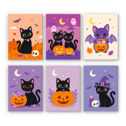 Coffret 6 peintures par numéro Chats Noirs en Violet, chats noirs, citrouilles et bonbons sur fonds violets, Maison Artsen