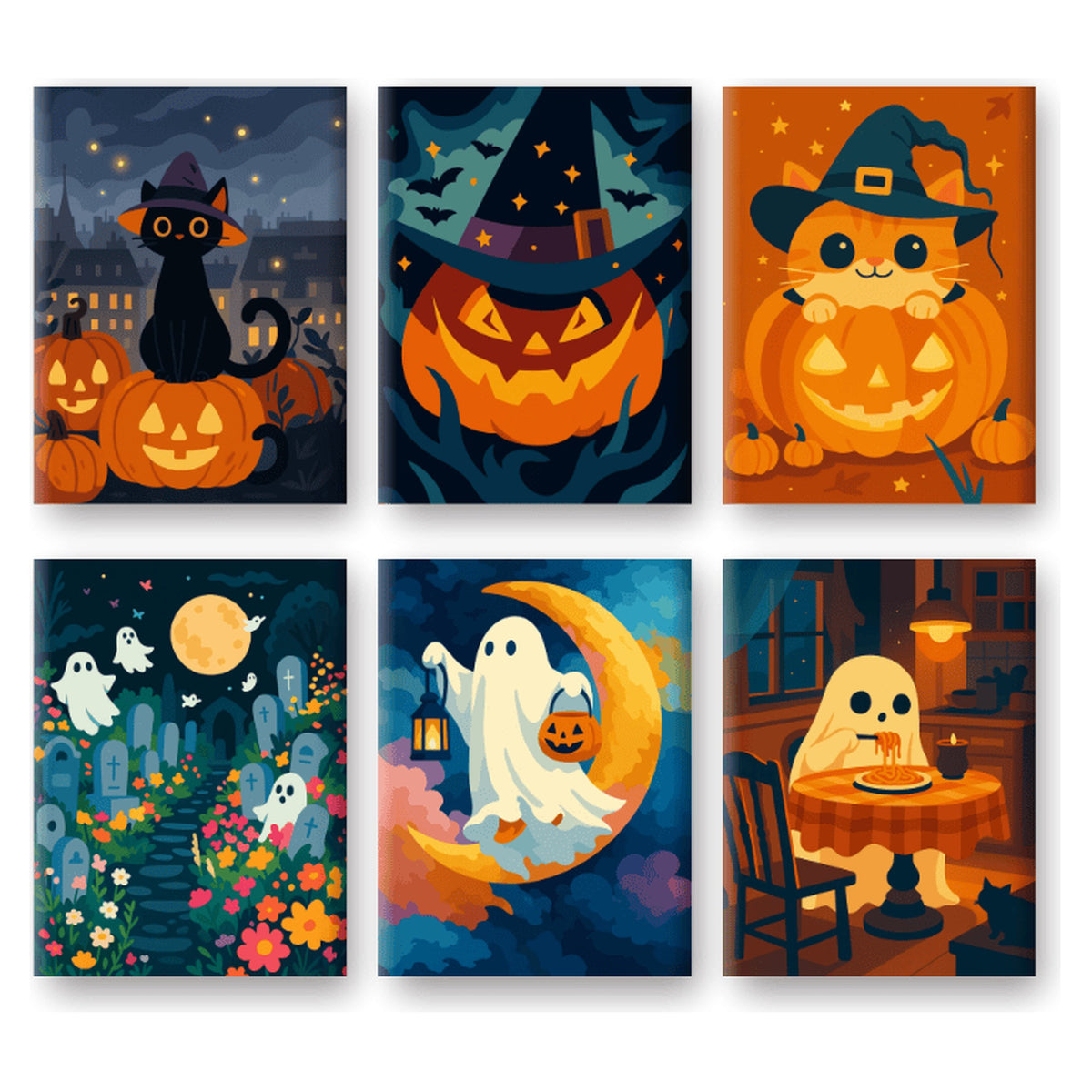 Coffret 6 peintures par numéro Chats Sorciers et Fantômes – chats sorciers, citrouilles et fantômes sous la lune – Maison Artsen