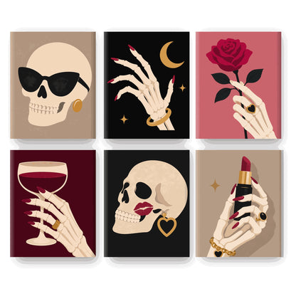 Coffret 6 peintures par numéro Chic Gothique – crâne à lunettes, rose, vin et rouge à lèvres – Maison Artsen