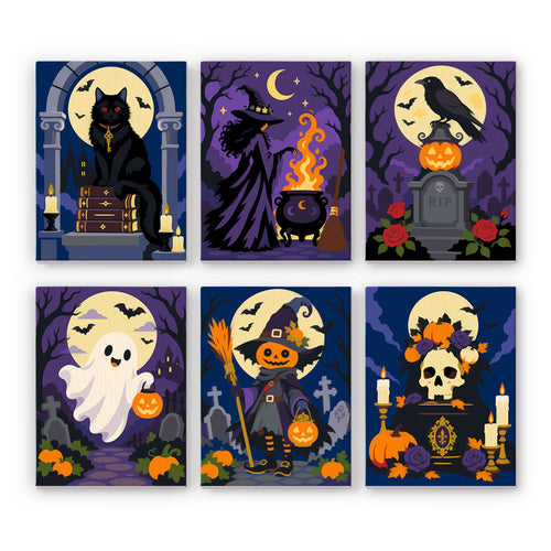 Coffret 6 peintures par numéro Cimetière Violet, cimetière sous la lune, sorcière, corbeau et fantôme en violet, Maison Artsen