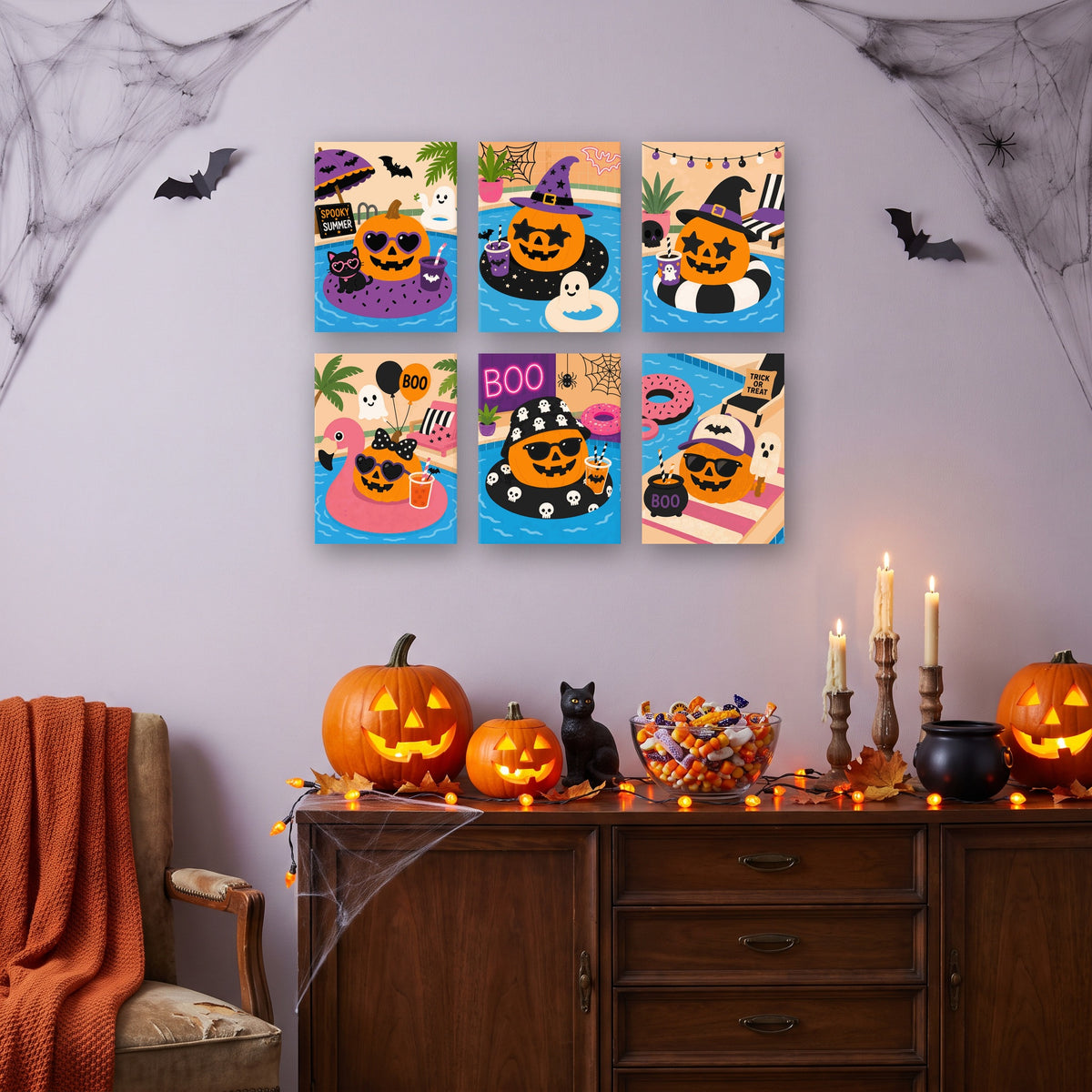 Coffret 6 mini-toiles Citrouilles à la Piscine accrochées dans un salon décoré pour Halloween — Maison Artsen