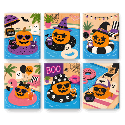 Coffret 6 peintures par numéro Citrouilles à la Piscine – citrouilles en bouée dans une piscine d'été – Maison Artsen