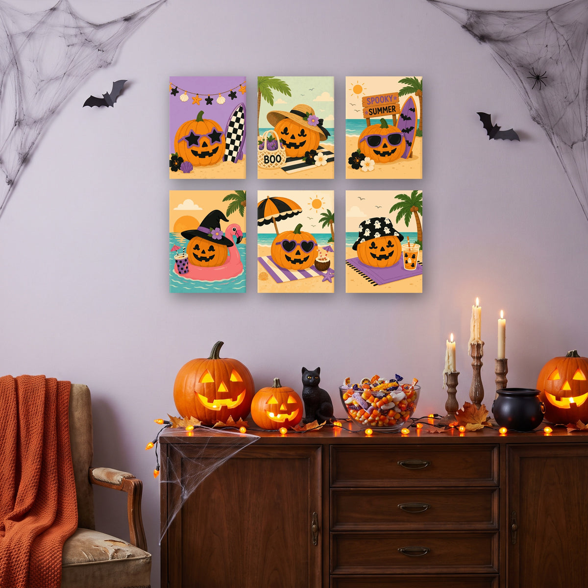 Coffret 6 mini-toiles Citrouilles en Bord de Mer accrochées dans un salon décoré pour Halloween — Maison Artsen