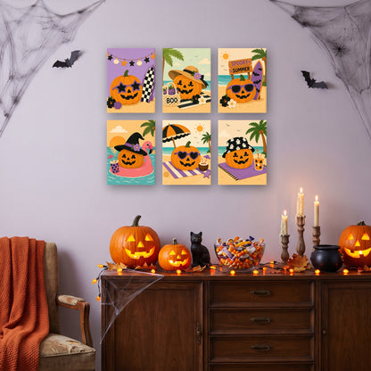 Coffret 6 mini-toiles Citrouilles en Bord de Mer accrochées dans un salon décoré pour Halloween — Maison Artsen