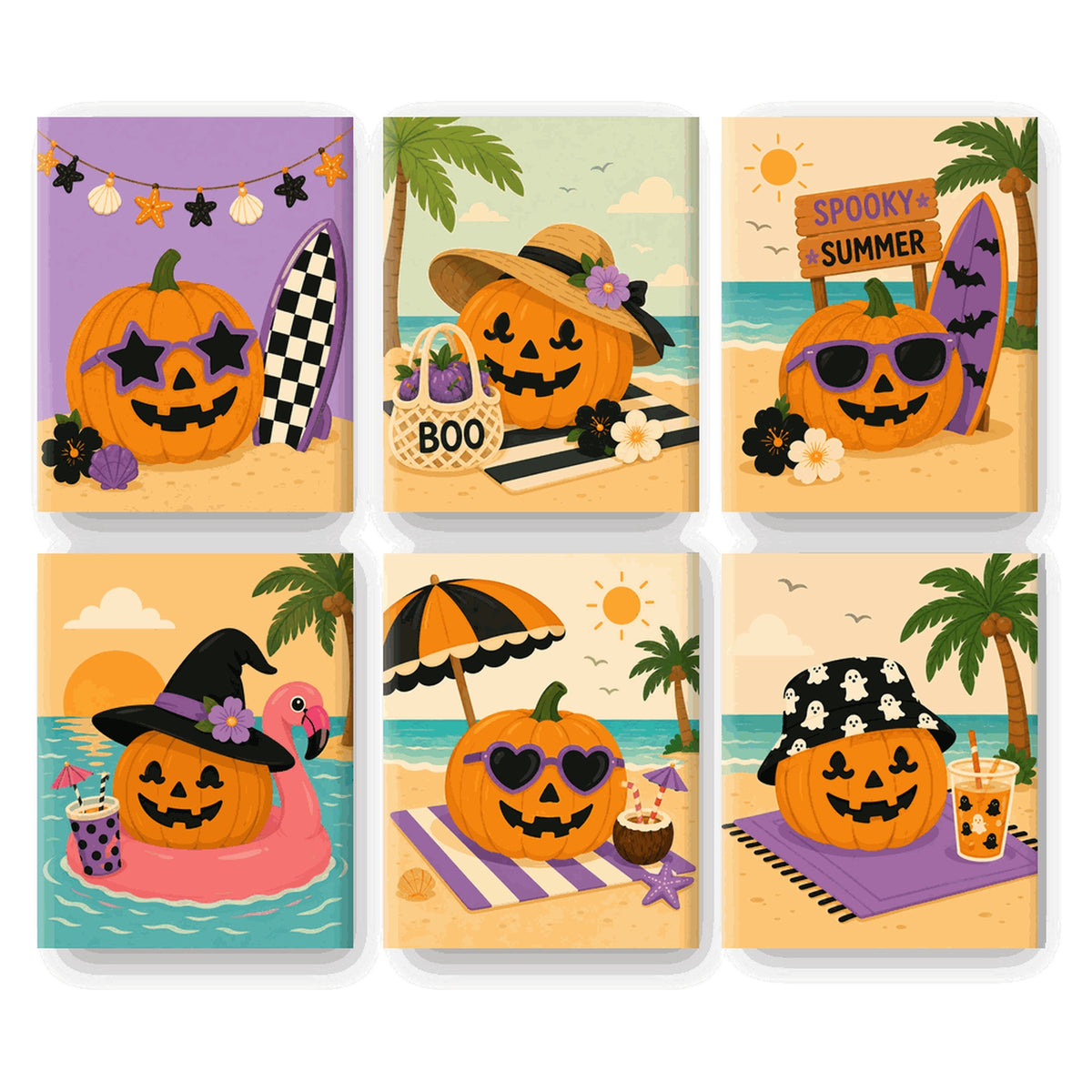 Coffret 6 peintures par numéro Citrouilles en Bord de Mer – citrouilles à lunettes en vacances au bord de l'eau – Maison Artsen