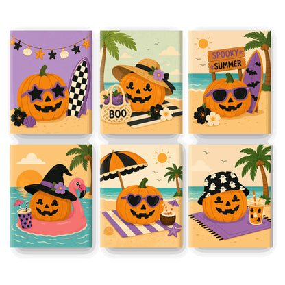 Coffret 6 peintures par numéro Citrouilles en Bord de Mer – citrouilles à lunettes en vacances au bord de l'eau – Maison Artsen