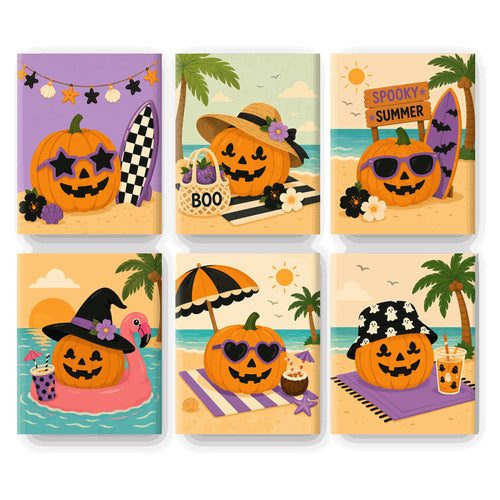 Coffret 6 peintures par numéro Citrouilles en Bord de Mer – citrouilles à lunettes en vacances au bord de l'eau – Maison Artsen