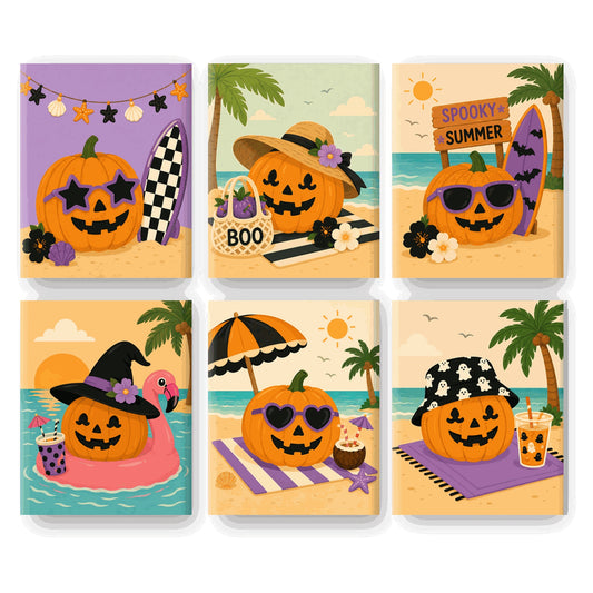 Coffret 6 peintures par numéro Citrouilles en Bord de Mer – citrouilles à lunettes en vacances au bord de l'eau – Maison Artsen
