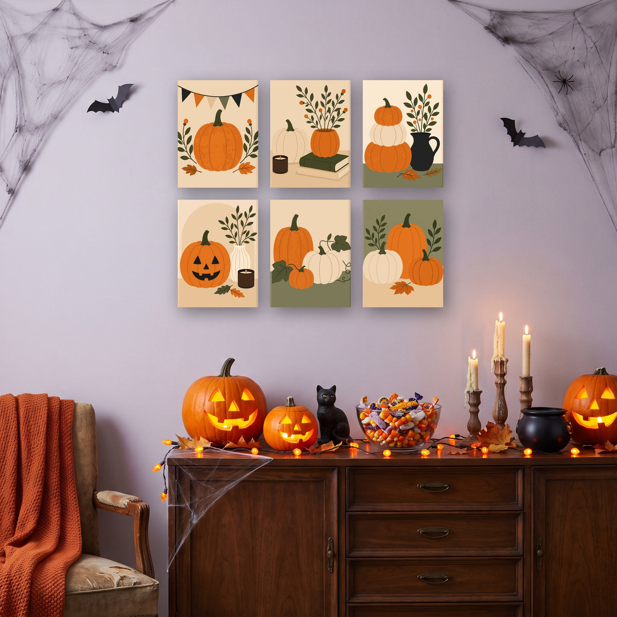 Coffret 6 mini-toiles Citrouilles en Douceur accrochées dans un salon décoré pour Halloween — Maison Artsen