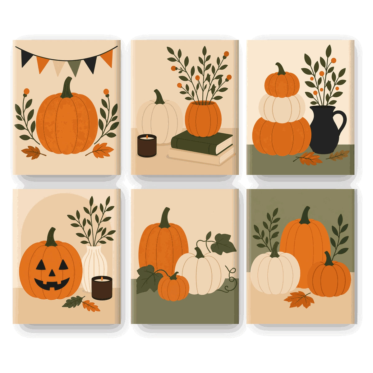 Coffret 6 peintures par numéro Citrouilles en Douceur – natures mortes de citrouilles aux tons doux – Maison Artsen