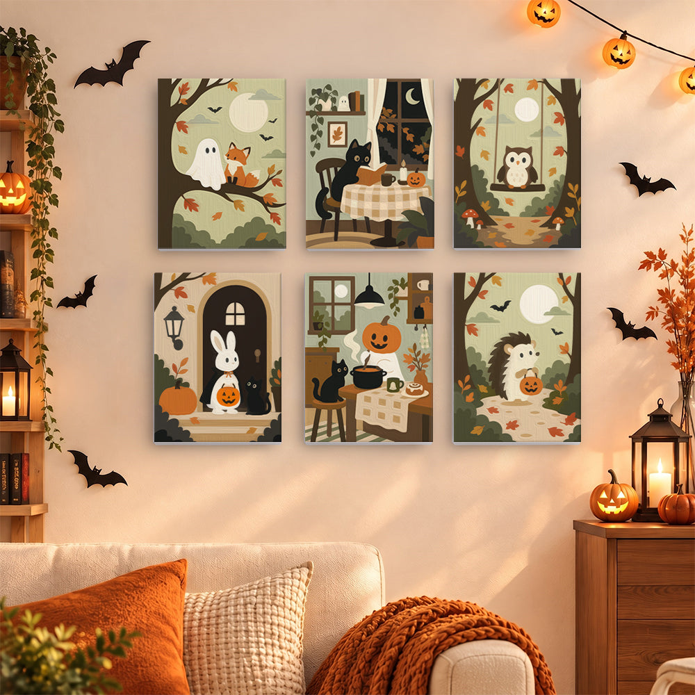 Coffret 6 mini-toiles Clairière d'Octobre accrochées dans un salon décoré pour Halloween, Maison Artsen