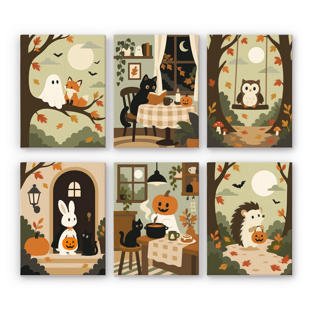 Coffret 6 peintures par numéro Clairière d'Octobre, scènes d'automne avec fantôme, renard, hibou et hérisson, Maison Artsen