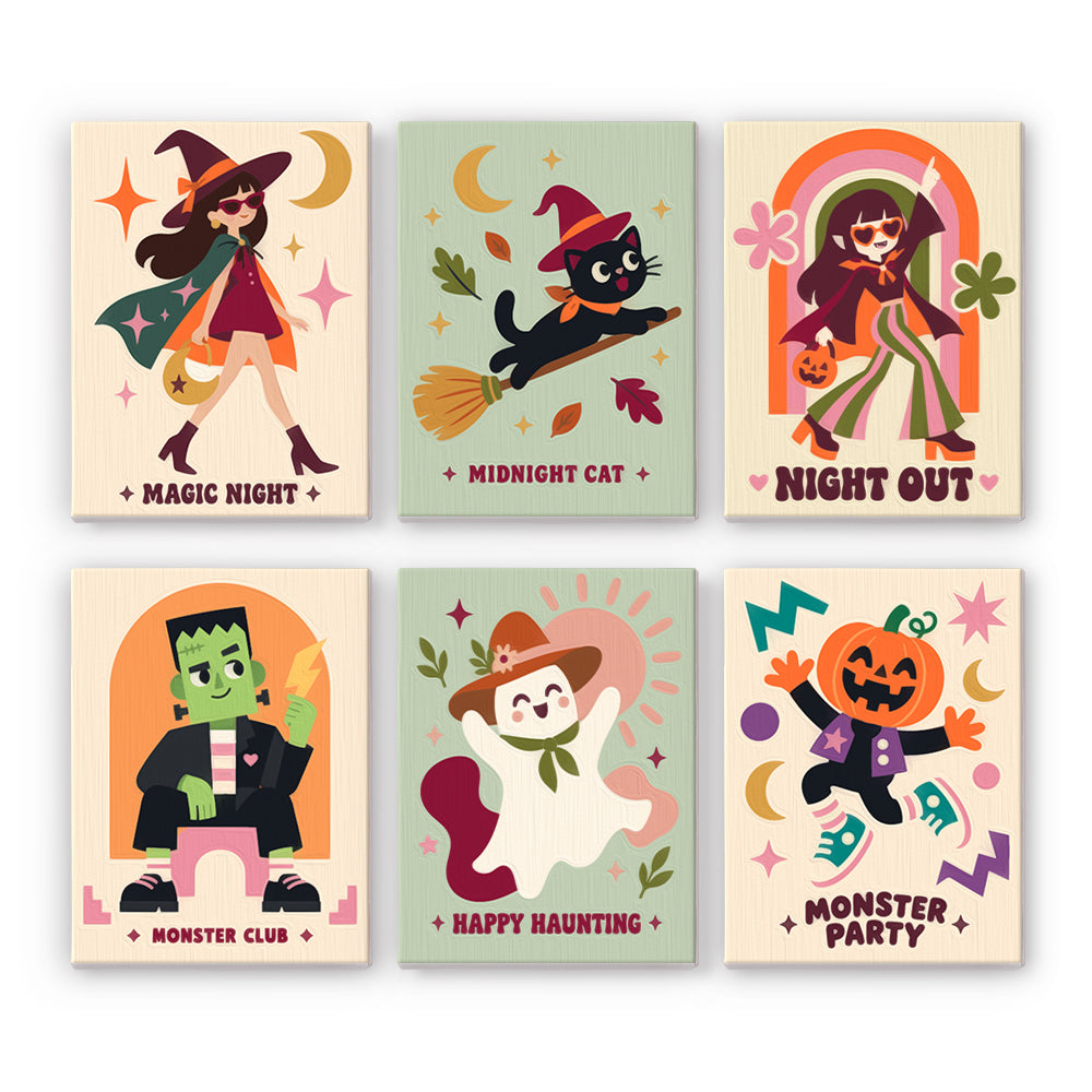 Coffret 6 peintures par numéro Club des Monstres, personnages rétro, sorcière, chat, fantôme et monstre vert, Maison Artsen