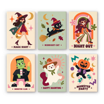 Coffret 6 peintures par numéro Club des Monstres, personnages rétro, sorcière, chat, fantôme et monstre vert, Maison Artsen